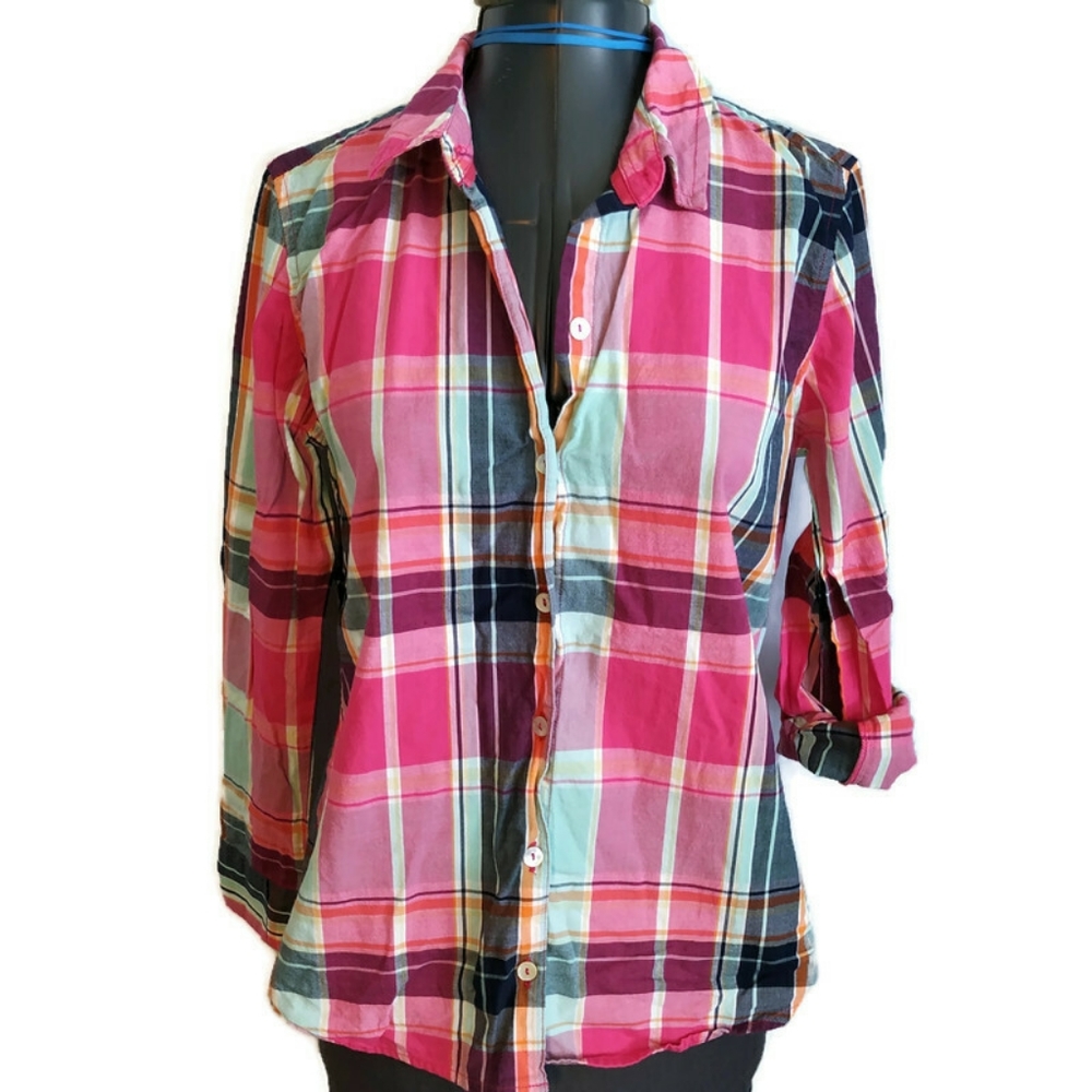 Foxcroft Shirt Top 6 P Pink Blue S Roll Tab Navy